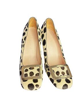 Celine Leopard Print Pony Hair Heels Gold Buckle Detail Size 39.5 Italy